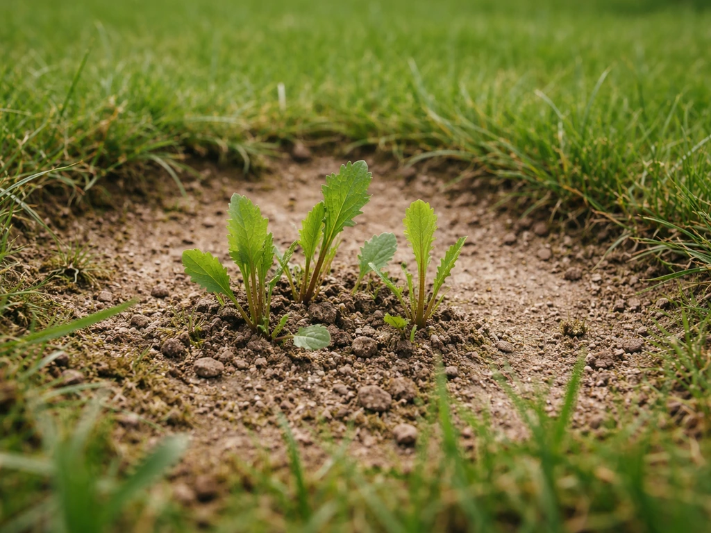 Close-up van onkruidscheuten tussen kale plekken in een gazon, met zichtbare kwetsbare grond.