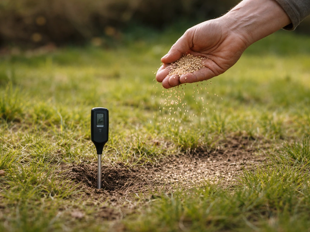 Hand strooit graszaad op gazon, met een tuintemperatuurmeter in de bodem voor timing in het voorjaar.