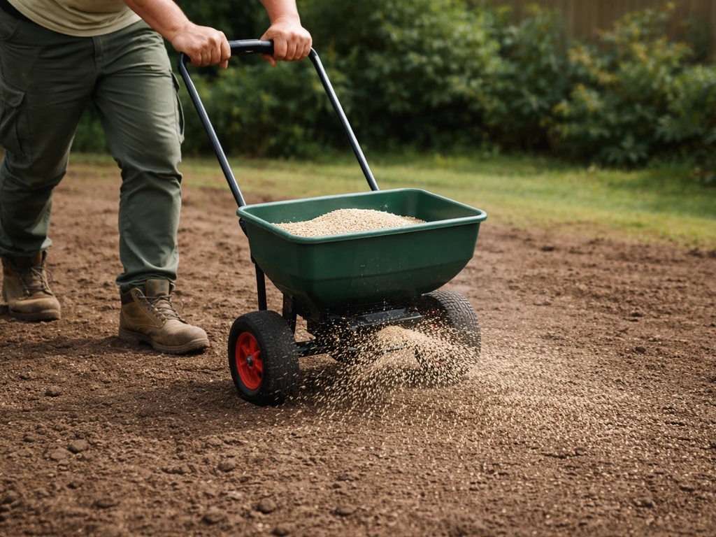 Iemand strooit graszaad met een strooiwagen over voorbereide grond, met zicht op gelijkmatig strooibeeld.