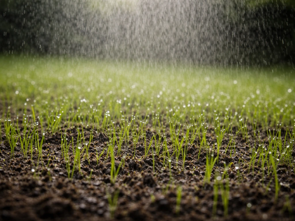 Fijn beregende gazonspruiten met zichtbare, verse kiemplantjes in een rustige tuin, close-up