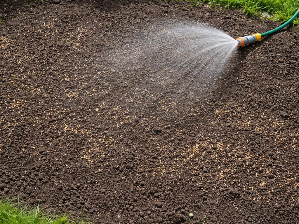 Bovenaanzicht van zaaibed met los uitgestrooide graszaden en een sproeikop die water geeft.
