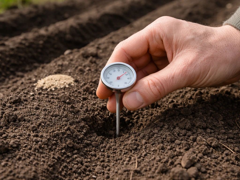 Close-up van een bodemtemperatuurmeter die net 3 cm diep in aarde zit vlak voor het zaaien in een tuin.