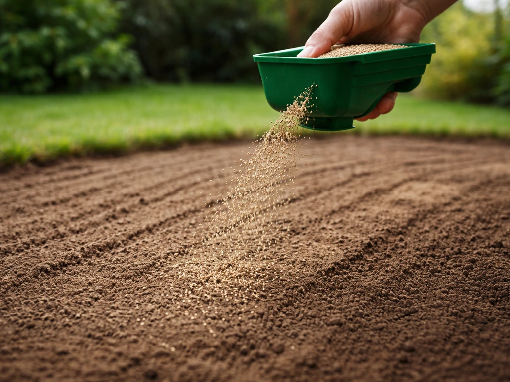 Hand strooit gelijkmatig graszaad over ondiepe, voorbereide grond in een tuin.