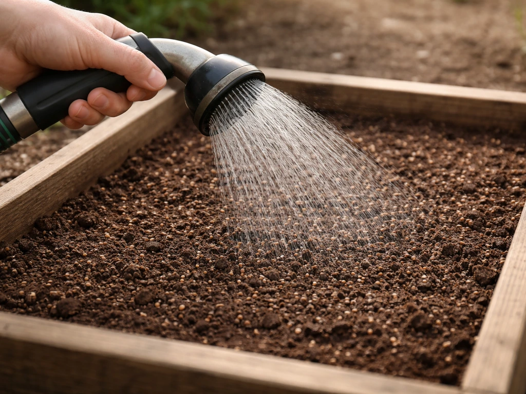 Hand die met een fijne nevel water geeft over vers gezaaide grond in een kleine tuinbak