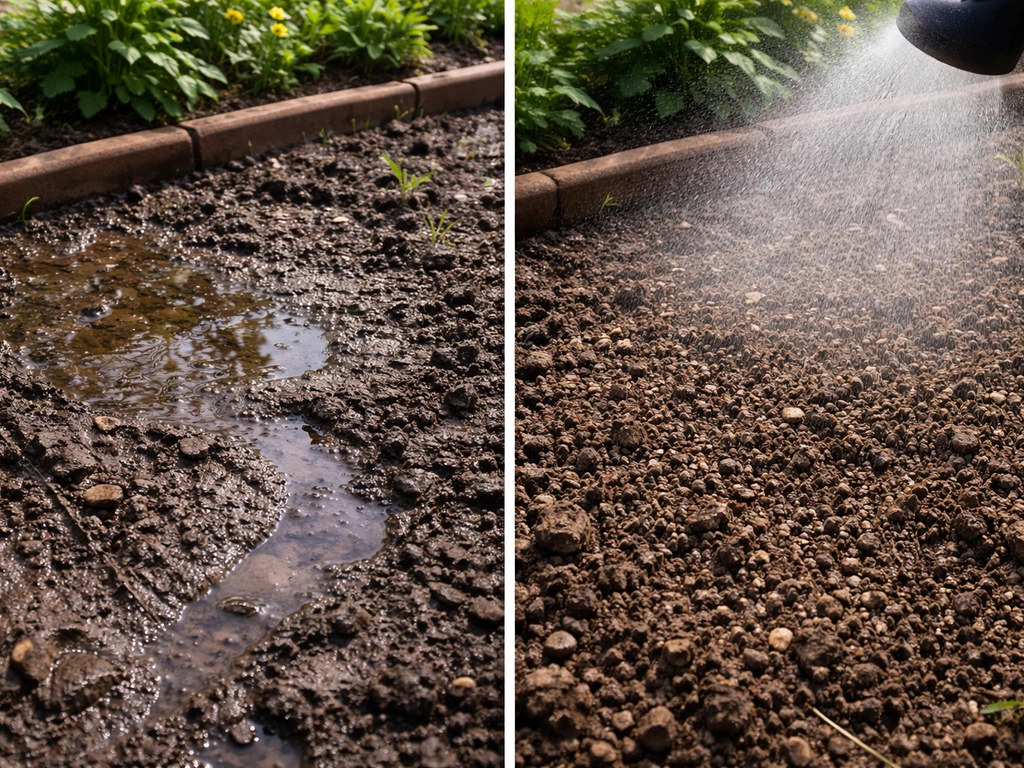 Tuinbodem in close-up: bovenlaag met slib/plassen links en rechts fijne nevel die rustig in de grond trekt.