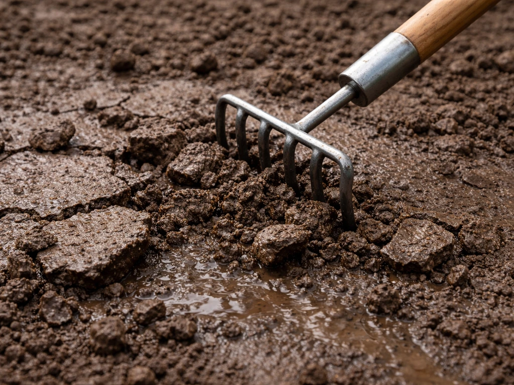 Harde korst op natte tuingrond, voorzichtig gebroken met een tuinhark, voor betere opkomst