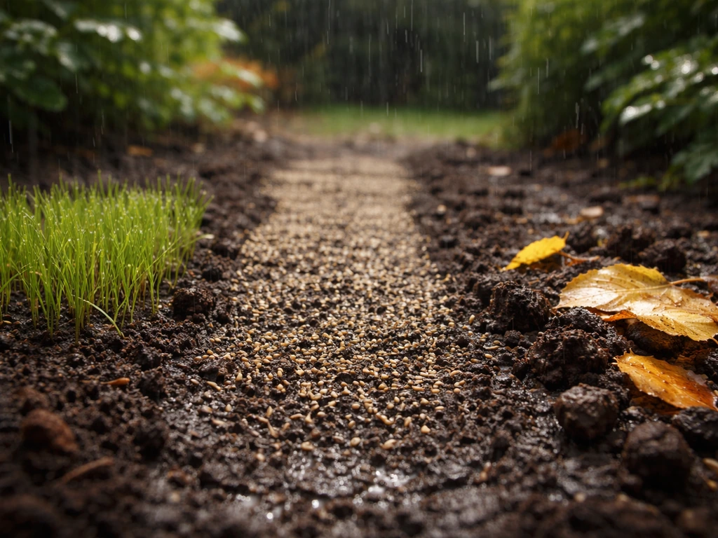 Natte tuingrond met graszaad—voorjaar en najaar gesuggereerd met fris groen en gevallen bladeren.
