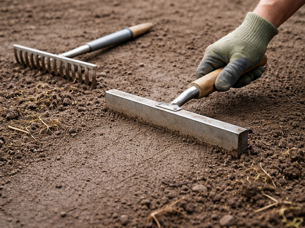 Hand met hark en egalisatiespaan egaliseert vochtige grond in een rustige tuin; onkruid en steentjes verwijderd.