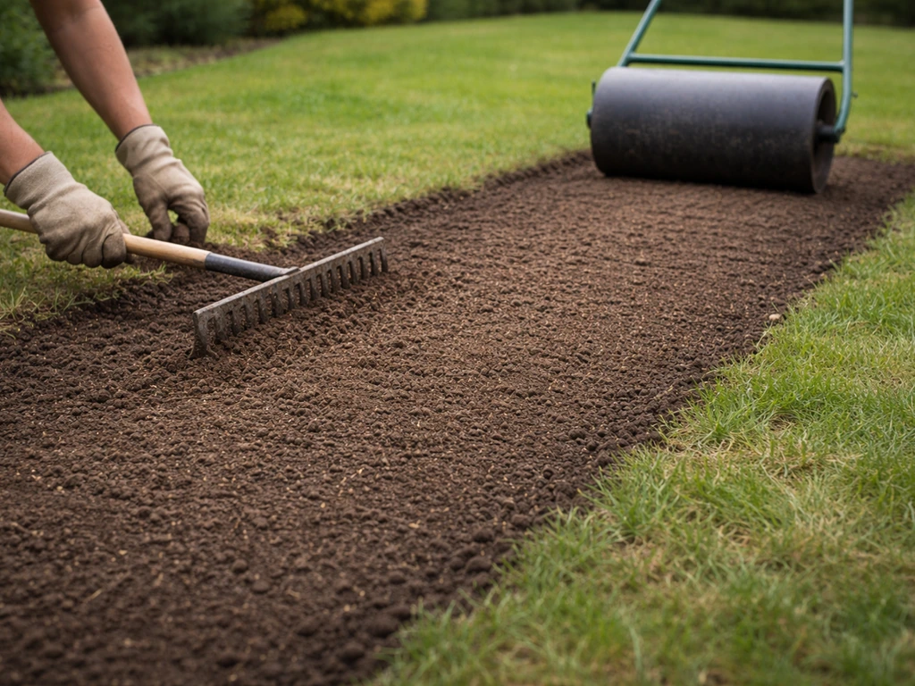 Hand spreidt een dun laagje kiemgrond/tuinturf na het zaaien, met aandrukrol op vochtig maar niet ondergelopen aarde.