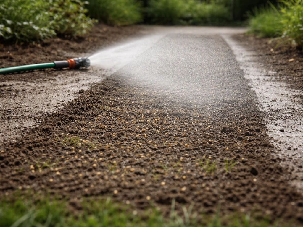Tuinsproeier geeft gelijkmatig water op een pas ingezaaide strook gazonzaadbed.
