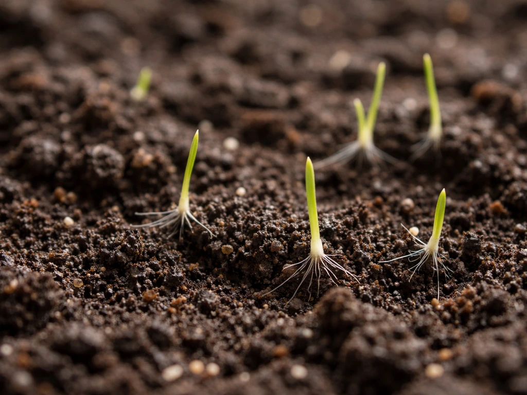 Close-up van natte tuingrond met net zichtbaar ontkiemende graszaadjes en eerste sprietjes.
