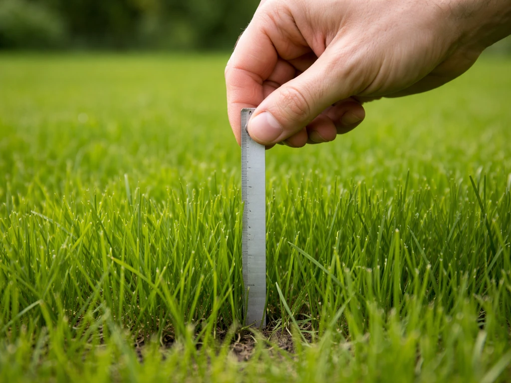 Hand meet de lengte van het gras op een gazon, klaar voor de eerste maaibeurt.