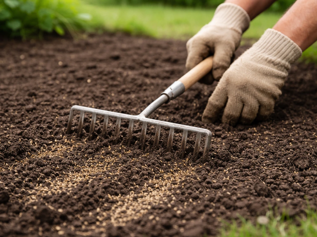 Hark die graszaad licht inwerkt in de aarde, gelijkmatig verdeeld in een simpele tuinondergrond.
