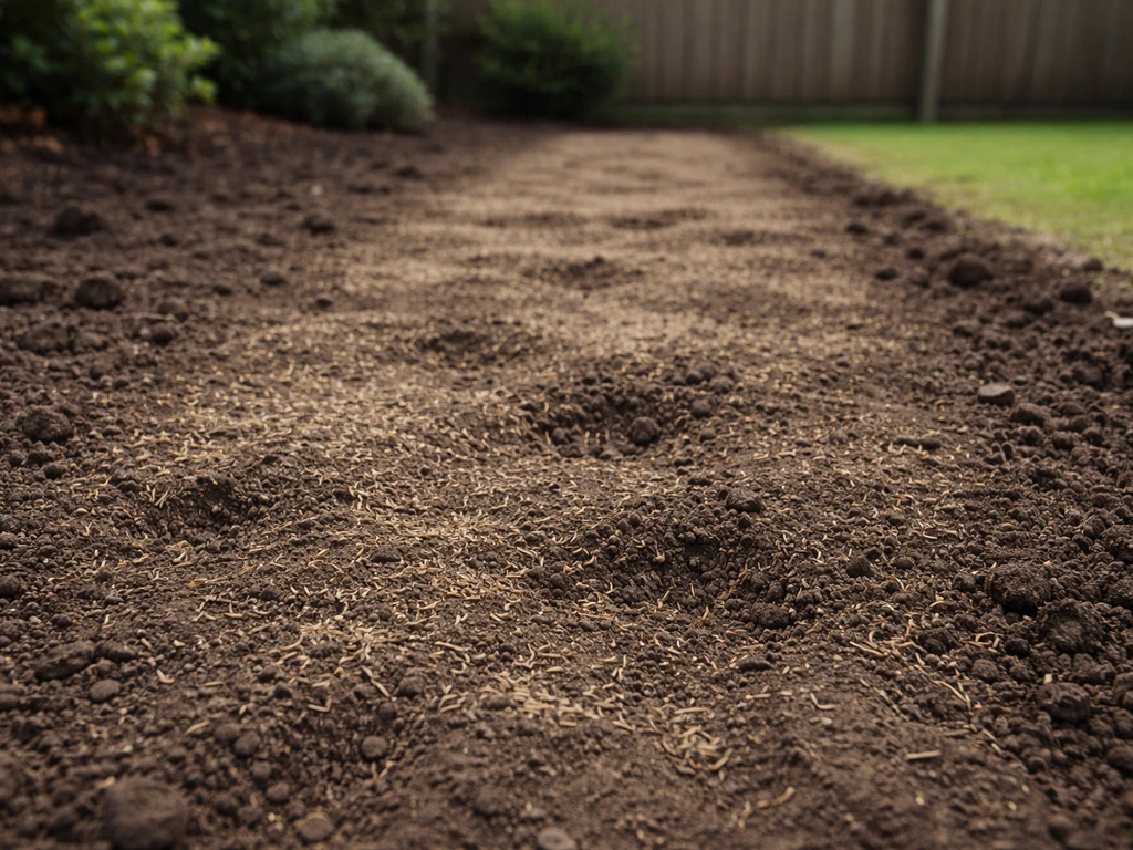 Tuin met klaar zaaibed en licht bedekt graszaad, met open plekken waar het zaaien ongelijk lijkt te zijn begonnen.