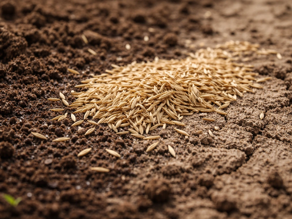 Close-up van graszaad in een zaaibed met zichtbaar verschil tussen te droog en net ingezaaid grondoppervlak.