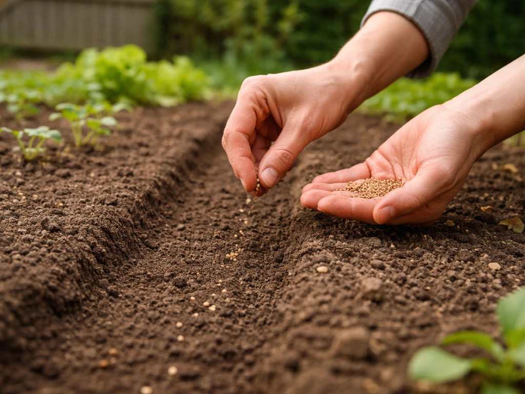 Iemand zaait zaden in een Nederlandse tuin in april/mei, met fijn bewerkte, warme aarde en rustig groen.