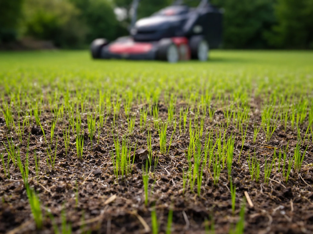 Jonge grasplantjes op een zaaibed met op de achtergrond een tuinmaaier voor de eerste maaibeurt.