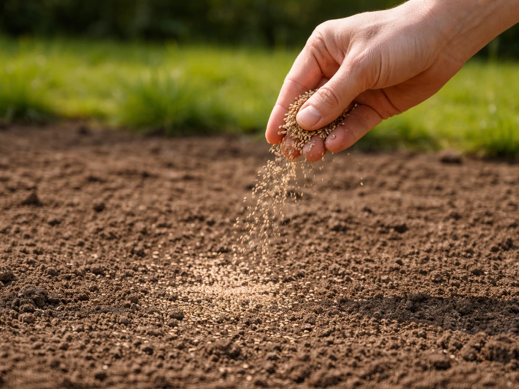 Hand die graszaad uitstrooit op een klaargelegd zaaibed in een zonnige tuin in het voorjaar.