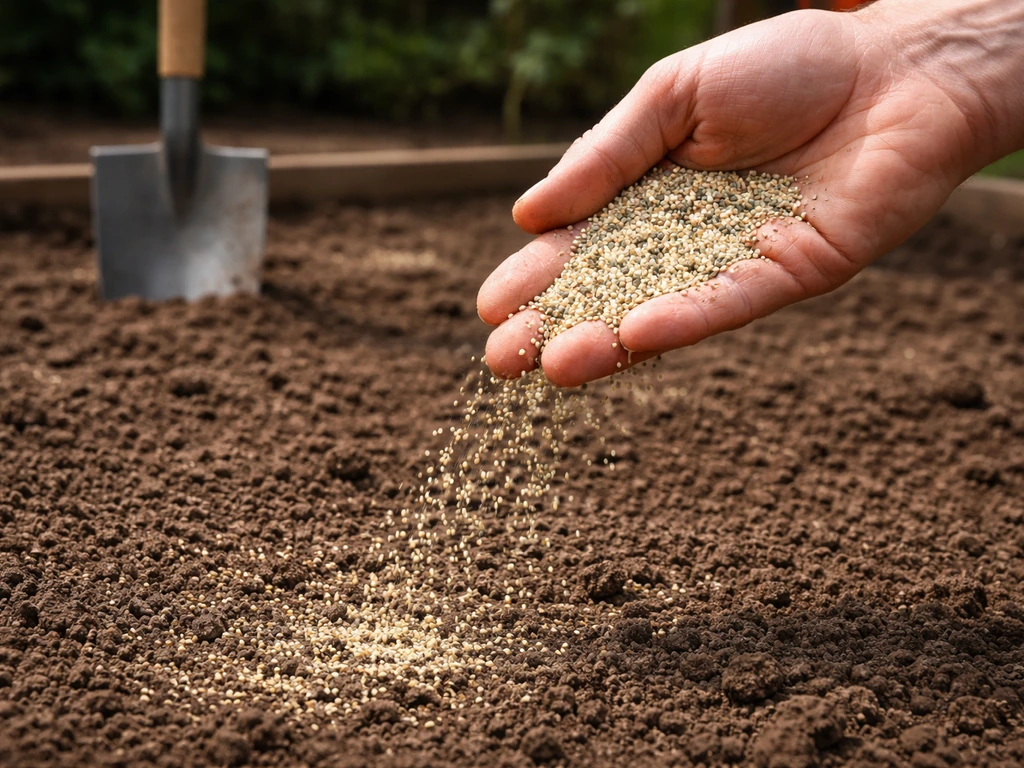 Hand die gelijkmatig graszaad-startkorrels strooit op omgewerkte grond, met lichte spade-werking.