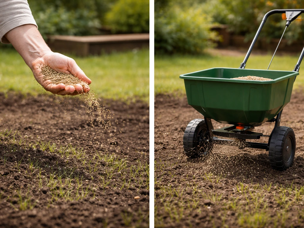 Links handen die graszaad strooien, rechts strooiwagen op hetzelfde zaaibed voor gelijkmatige verdeling.