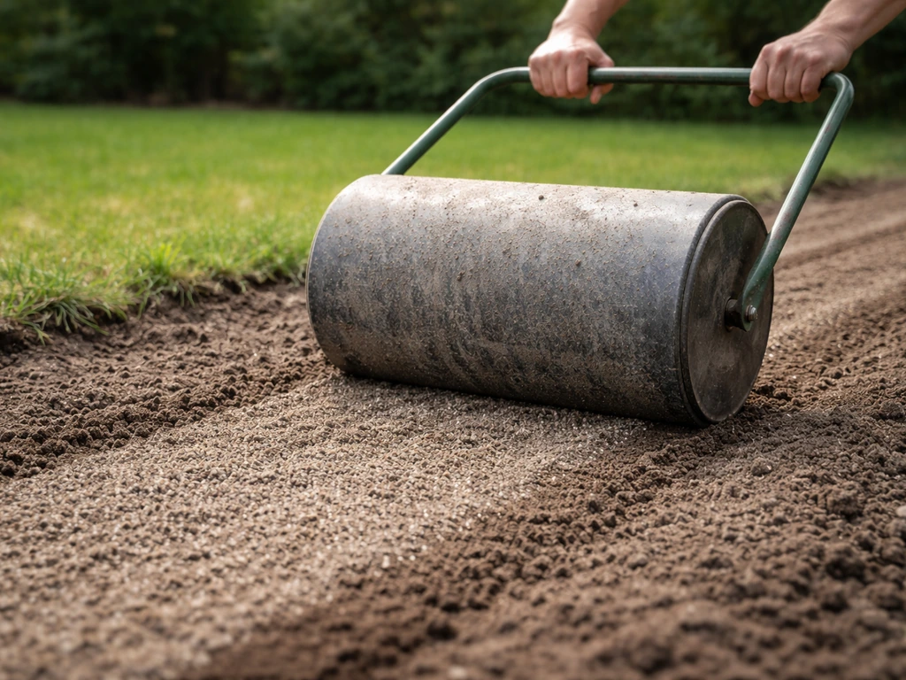 Tuinrol rolt over een pas ingezaaid zaaibed met lichte laag aarde voor betere kieming.