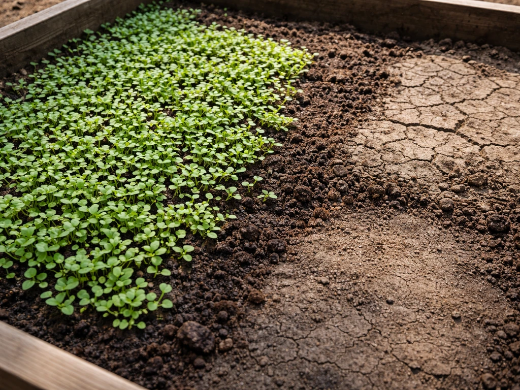Jonge plantjes en kale plekken in een moestuinbak, met subtiele verschillen in vocht en verdichting.