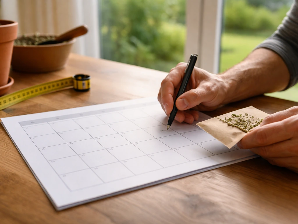 Anonieme tuinier legt meetlint en kalender klaar om over vier weken gras te zaaien.