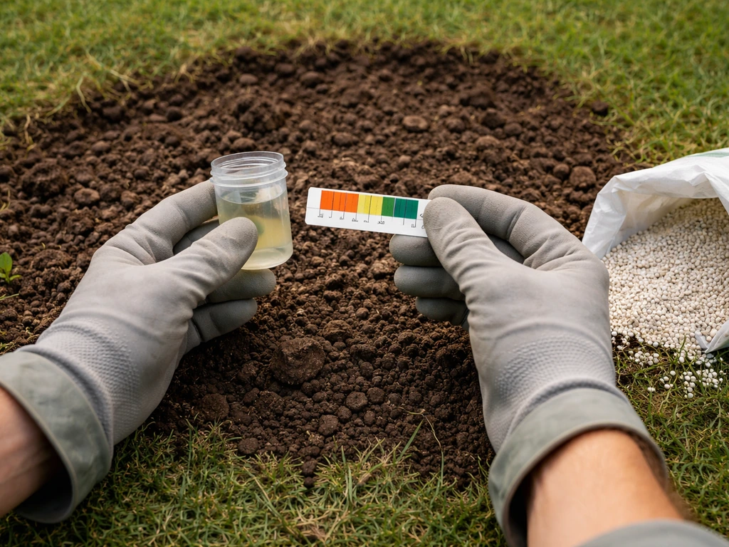 Hand met bodem-pH teststrip boven gegronde gazonplek, met kalkkorrels naast de aarde in het zicht.