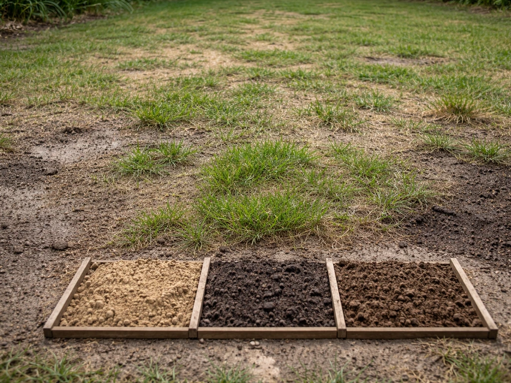 Close-up van kale plekken in de tuin met ongelijk opkomend gras, met een simpele, lege opstelling ernaast