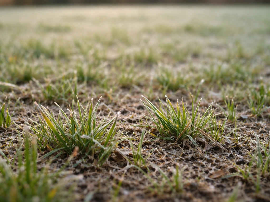 Jonge grassprieten met rijp en nachtvorstschade in een ingezaaid gazonveld, herstel zichtbaar in het beeld.