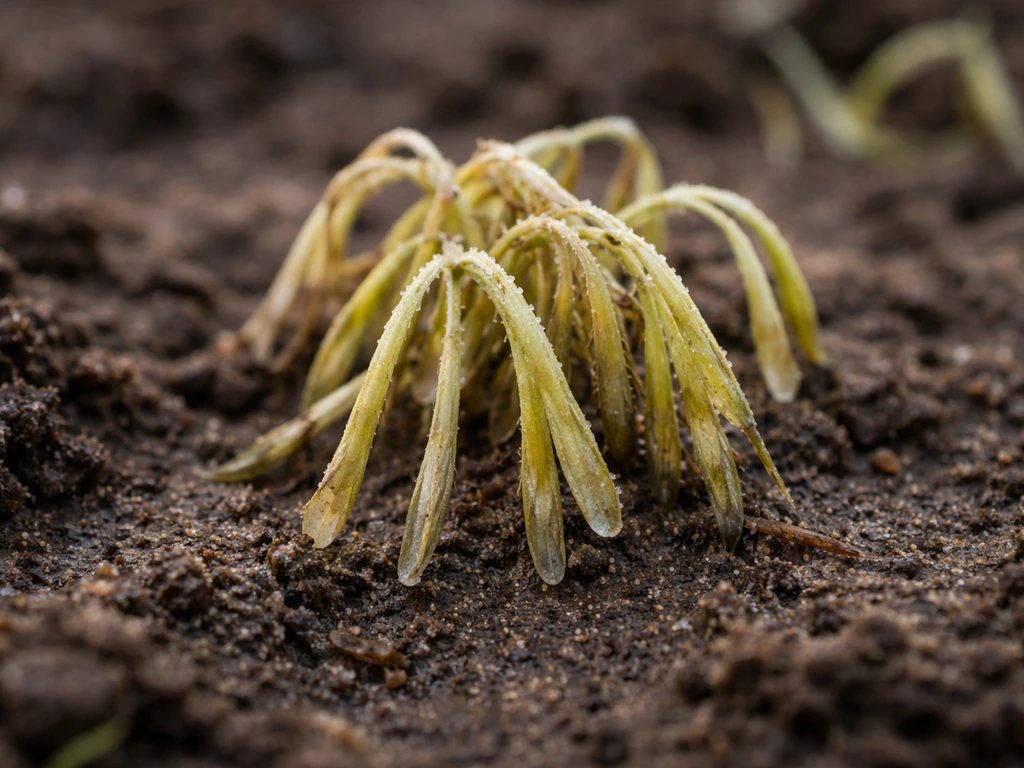 Close-up van graskiemplantjes met slap en gelig, licht glazig uiterlijk na nachtvorst