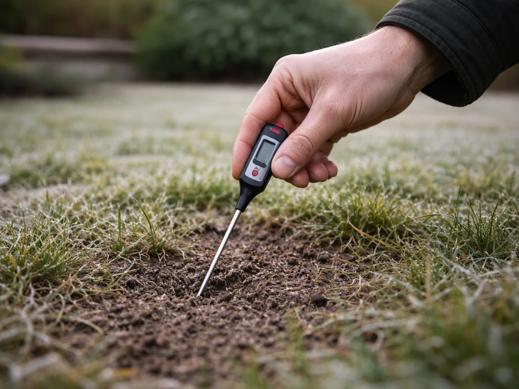 Hand die een keukenthermometer voorzichtig in de grond steekt op een ingezaaid gazon na nachtvorst