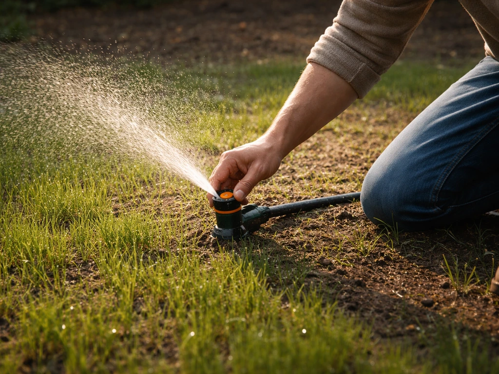 Tuinier sproeit met een fijne regensproeier een herstellend ingezaaid gazon na vorst