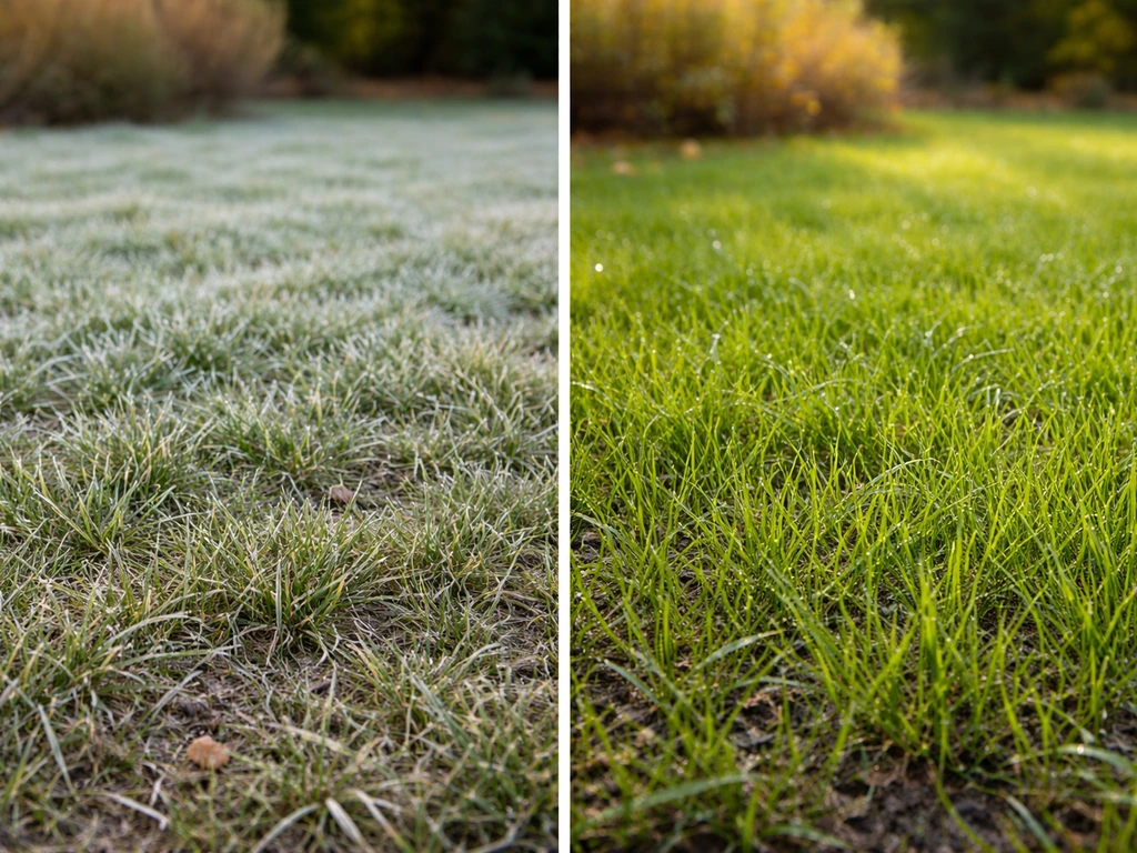 Split-screen foto: links maartgras met lichte nachtvorstschade, rechts najaarsjong gras met frisse sprieten