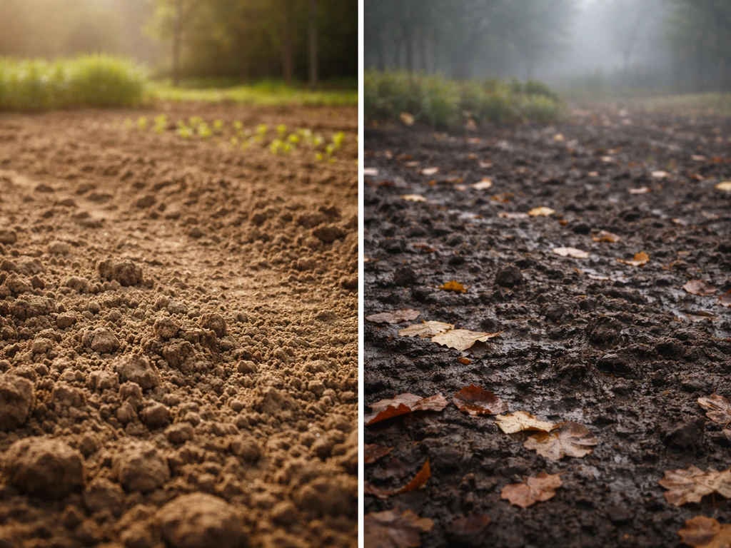 Splitbeeld van lentetuinbodem die opwarmt en een najaarstuinbodem met koelere, vochtige grond