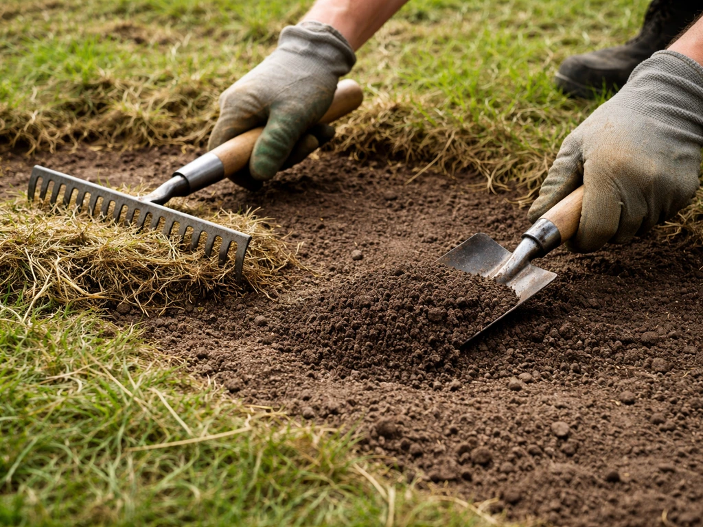 Handen met tuingereedschap die vilt verwijderen en de bodem egaliseren voor nieuw gras
