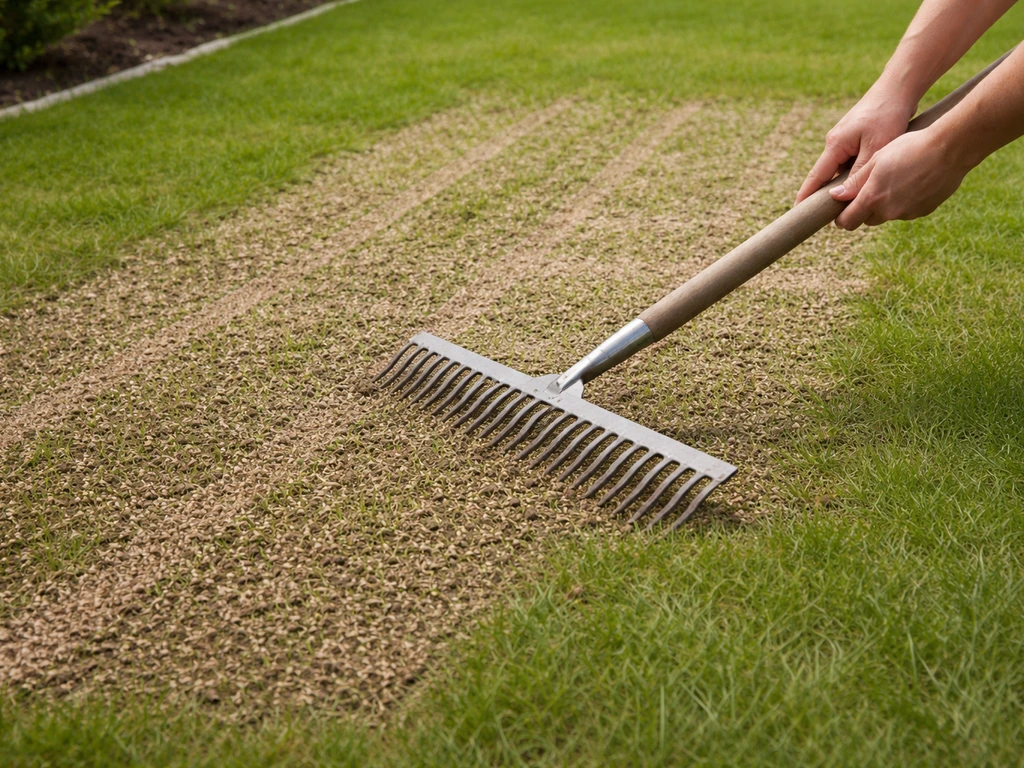 Graszaad zichtbaar in rechte banen, licht inge harkt met een bladhark voor gelijkmatige dekking.