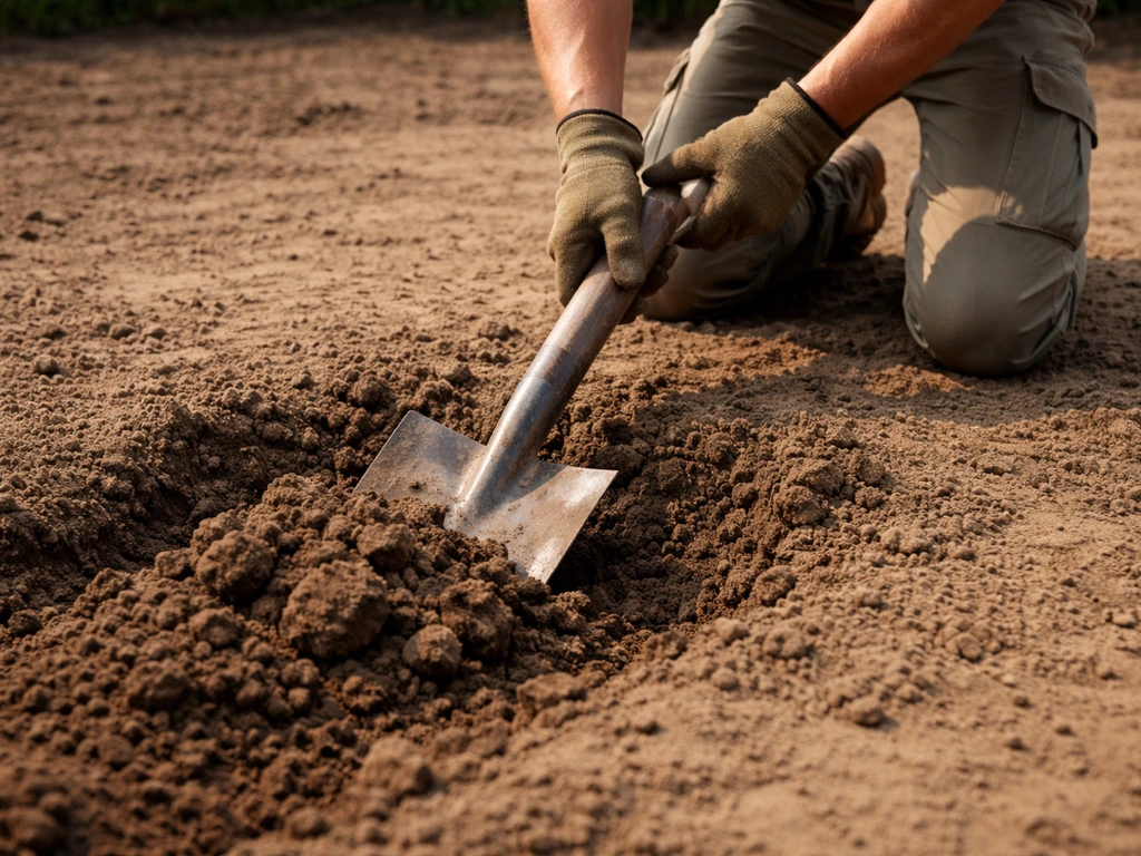 Tuinman zonder gezicht in zandgrond die met spade de aarde omspit en kluiten breekt (nieuwe aanleg).