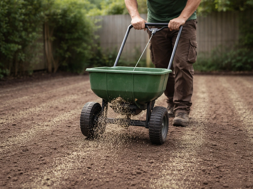 Tuinman die gazonzaad gelijkmatig uitstrooit met een strooiwagen over een voorbereide ondergrond.