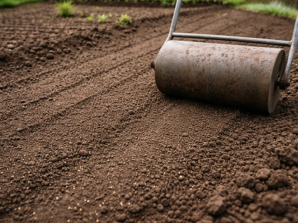 Tuinbed met licht ingeharkt zaad en een aanrol-/aandrukwals die de grond aandrukt