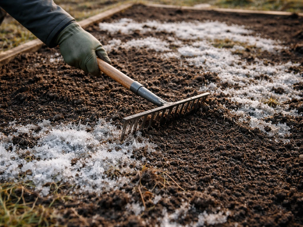 Hand met handschoenen verwijdert met bezem/handhark sneeuw en ijsresten van een zaaibed, zodat de grond zichtbaar wordt.