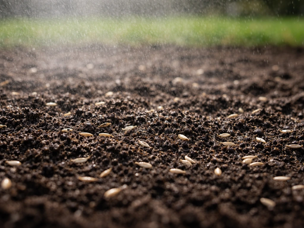 Close-up van een fijn, vochtig zaaibed met subtiele watermist en zichtbaar zaad-bodemcontact