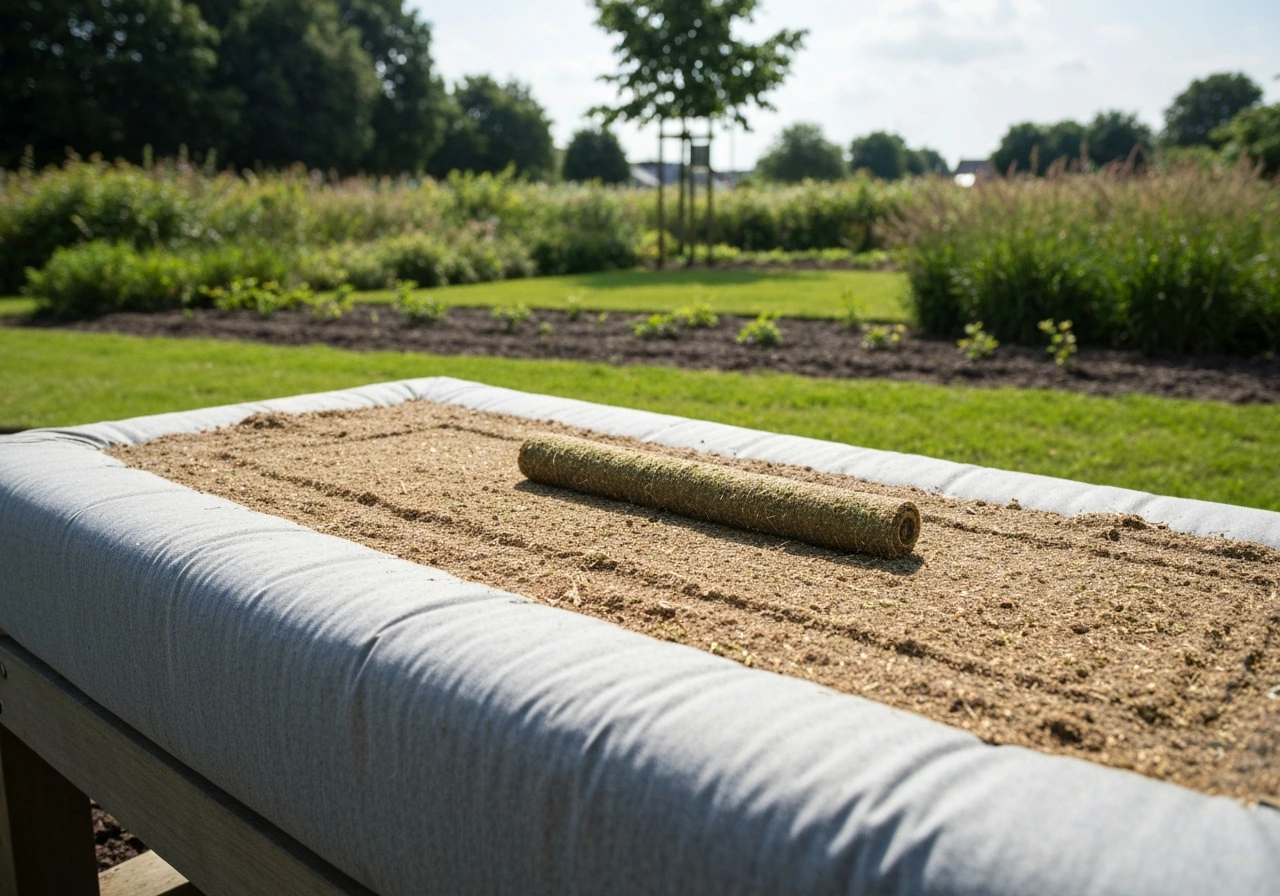 Pas ingezaaid gazonbed in een Nederlandse tuin met lichte bodembedekking en gezaaide stroken klaar voor water geven
