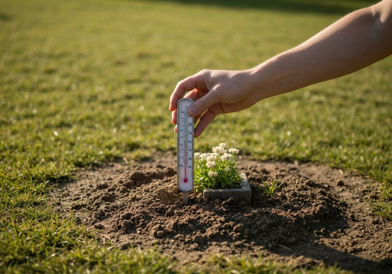 Close-up van een bodemthermometer in gazonbodem met zichtbaar gezaaid graszaad en kiempjes