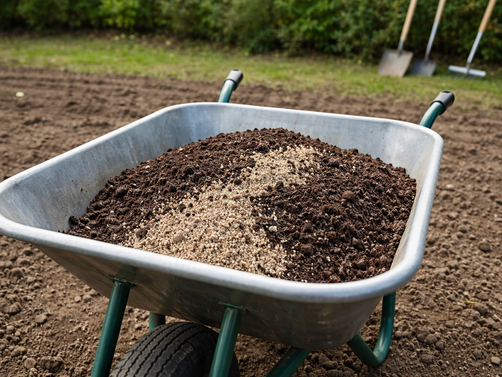 Kruiwagen met zichtbare mix van compost en zand op tuinbodem voor bodemverbetering.
