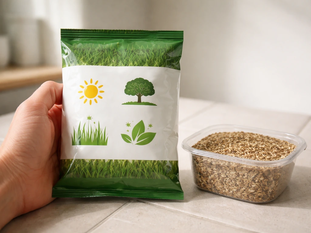 Hand houdt zak graszaad met label zon, schaduw en herstel, naast een bak met graszaadmengsel