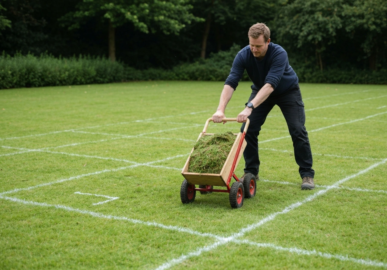 Persoon die graszaad met een strooiwagen over gemarkeerde vakken op een gazon uitstrooit, vlak na afwerken.