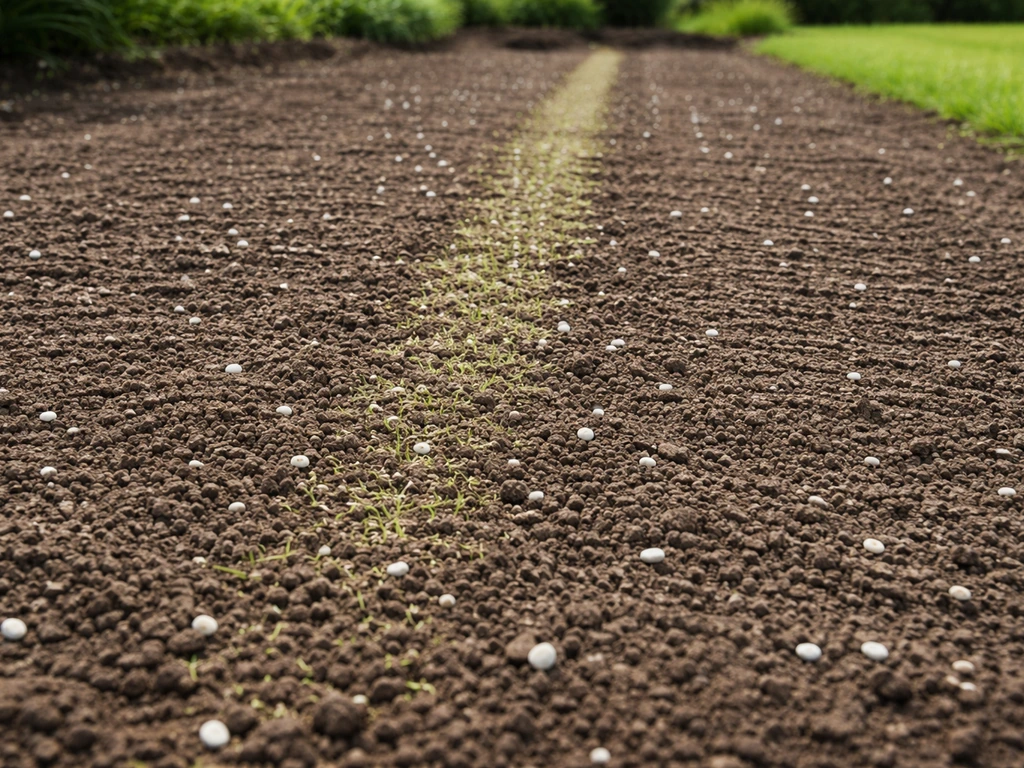 Vers voorbereide aarde met zichtbare zaaibed en verspreide kalkkorrels, klaar om gras te zaaien na kalk.