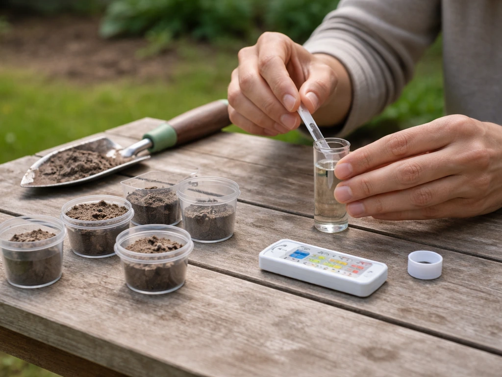 Handen boven een tuintafel met bodemtestset en meerdere kleine bodemmonsters voor pH-meting