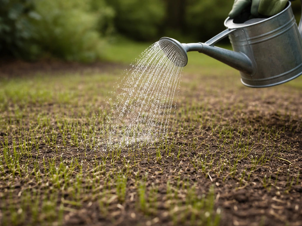Twee tot drie keer per dag licht water geven met fijne sproeikop op een net ingezaaid gazon, met jonge spruiten